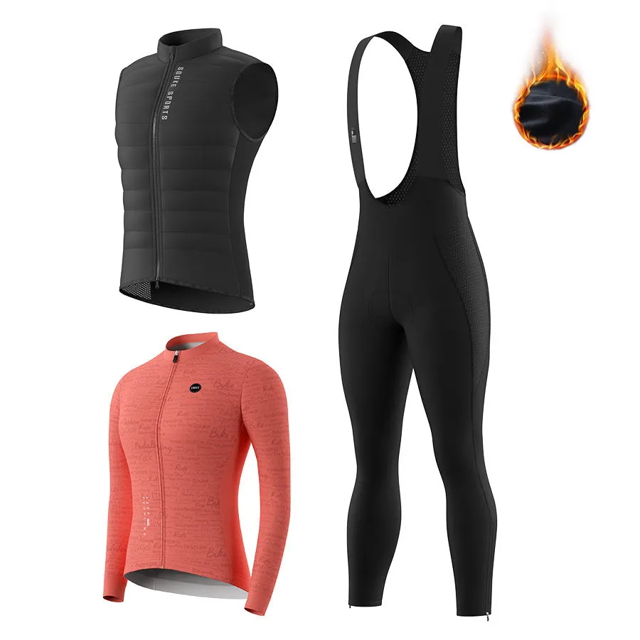 Women's WJ3207 LS Fleeced Jersey   BL3801 Fleeced Bib Tights   CV2301 Windproof Gilet Cycling Sets