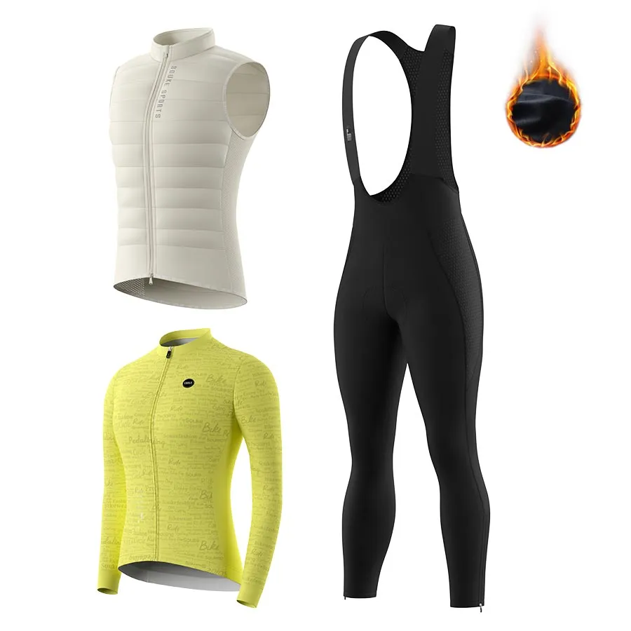 Women's WJ3207 LS Fleeced Jersey   BL3801 Fleeced Bib Tights   CV2301 Windproof Gilet Cycling Sets