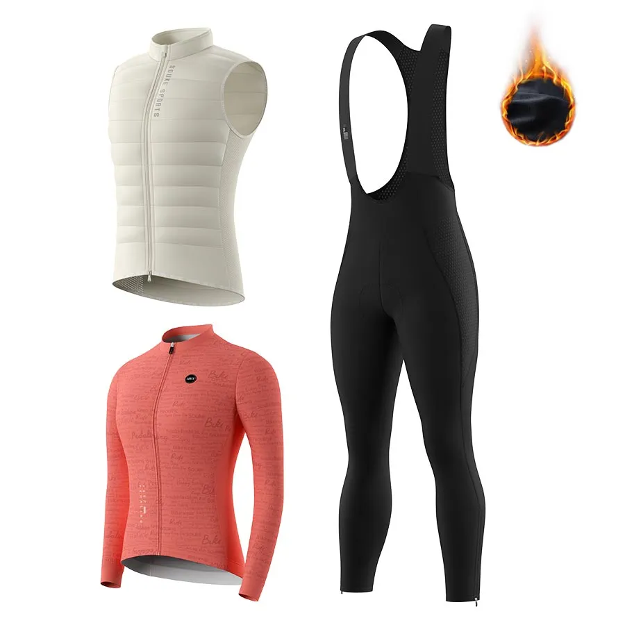 Women's WJ3207 LS Fleeced Jersey   BL3801 Fleeced Bib Tights   CV2301 Windproof Gilet Cycling Sets
