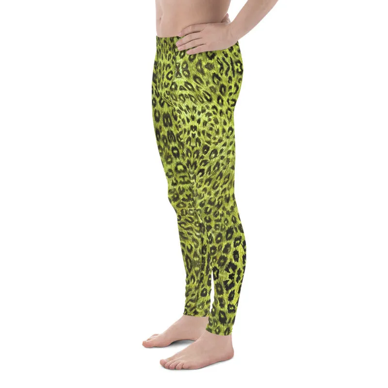 Yellow Leopard Men's Leggings, Animal Print Compression Running Tights-Made in USA/EU